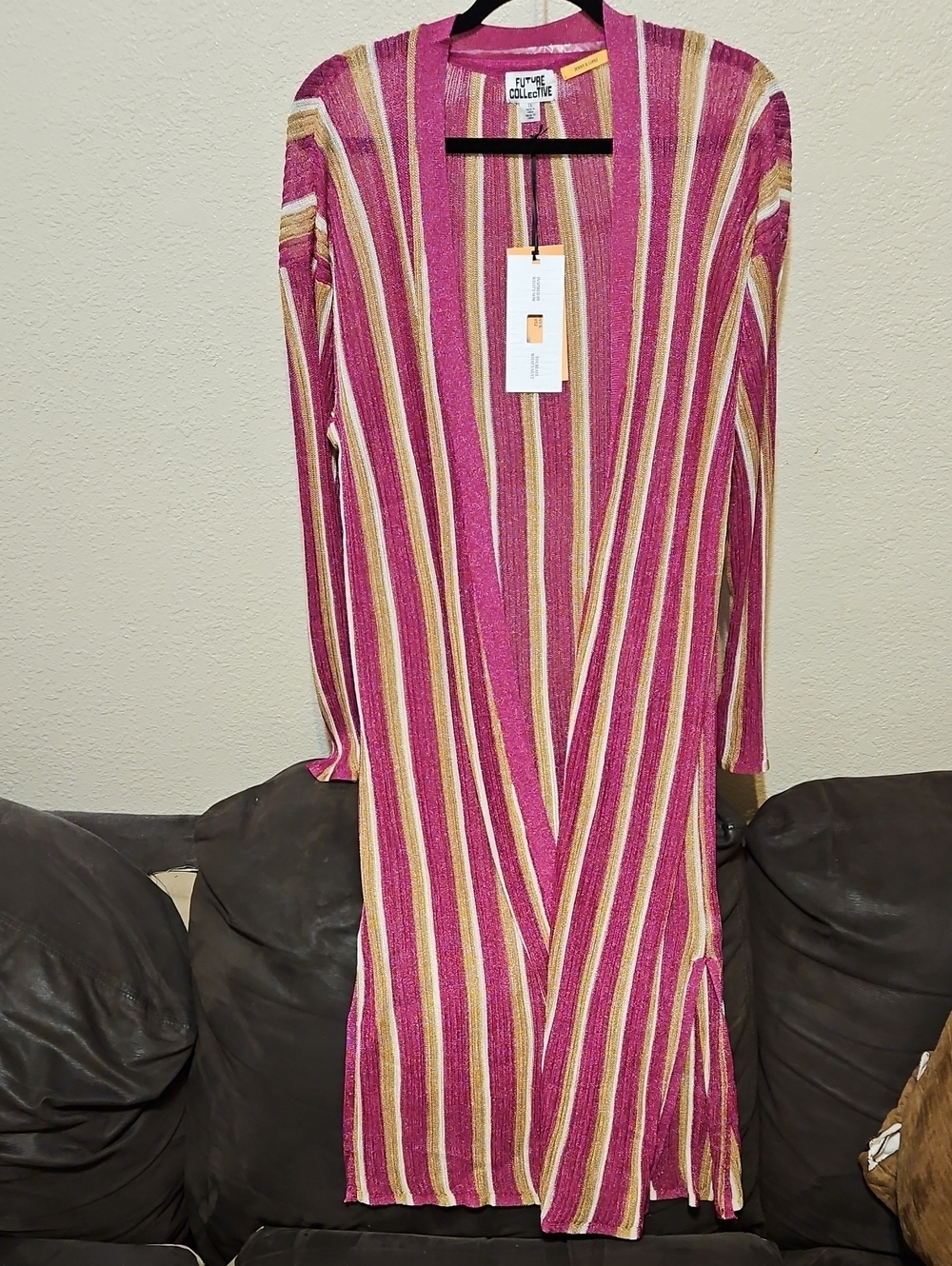 Future Collective Pink & Gold Striped Long Open-Front Cardigan